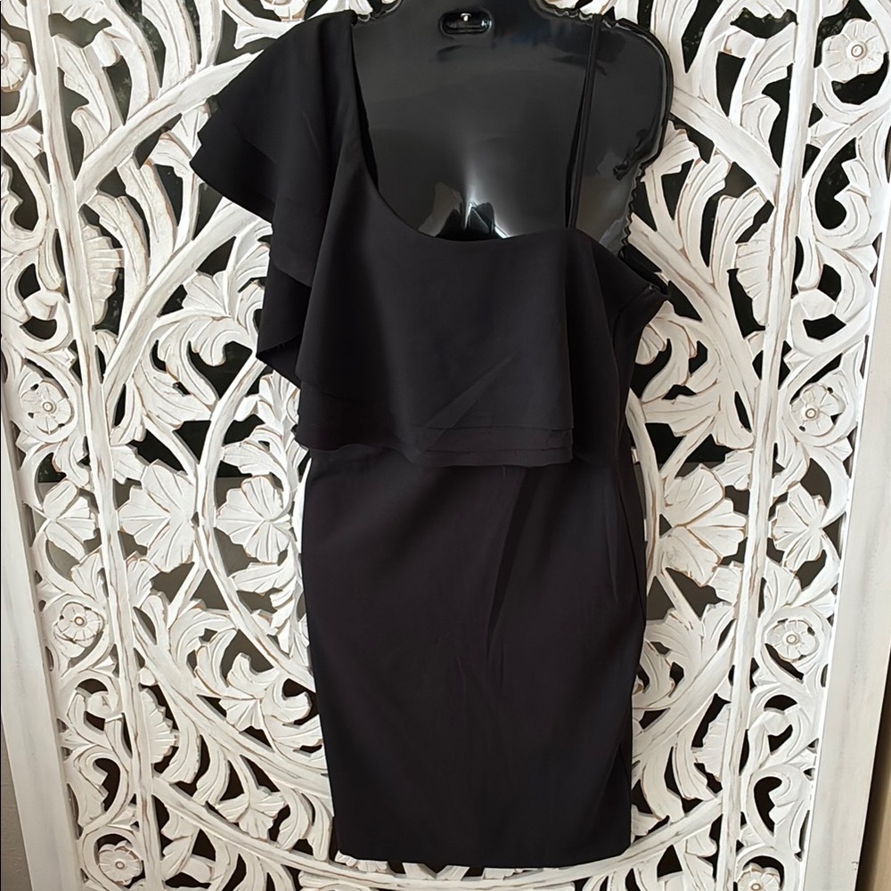 Anthropologie Bishop + Young Assymetrical Stylish Black Dress with ruffle